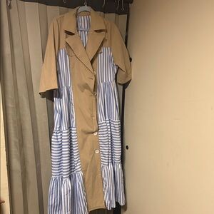Striped Blue and Tan Button-Down Dress